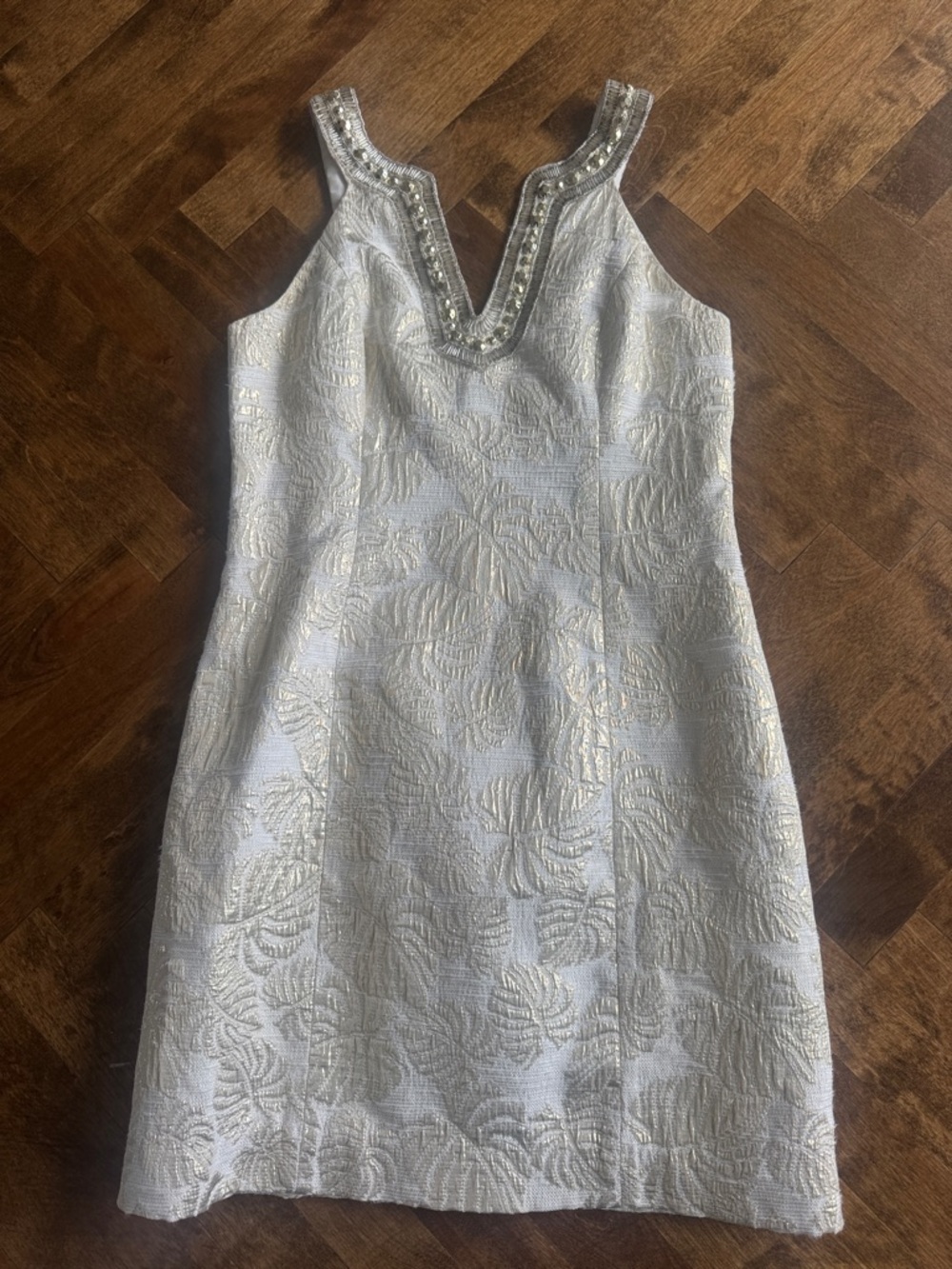 Lilly Pulitzer White Metallic Brocade Beaded V-Neck Mini Dress